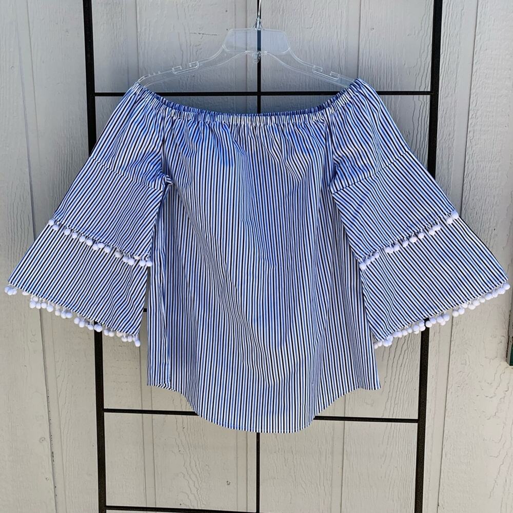 Belle Sky Off Shoulder Layered Pom Pom‎ Bell Sleeves White Blue Black Top Size M